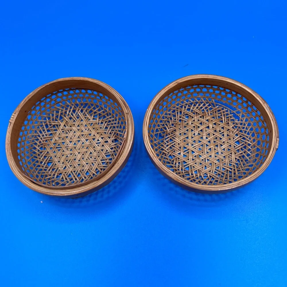 Vintage Small Woven Bamboo Trinket Box with Lid Round Decorative Basket 4